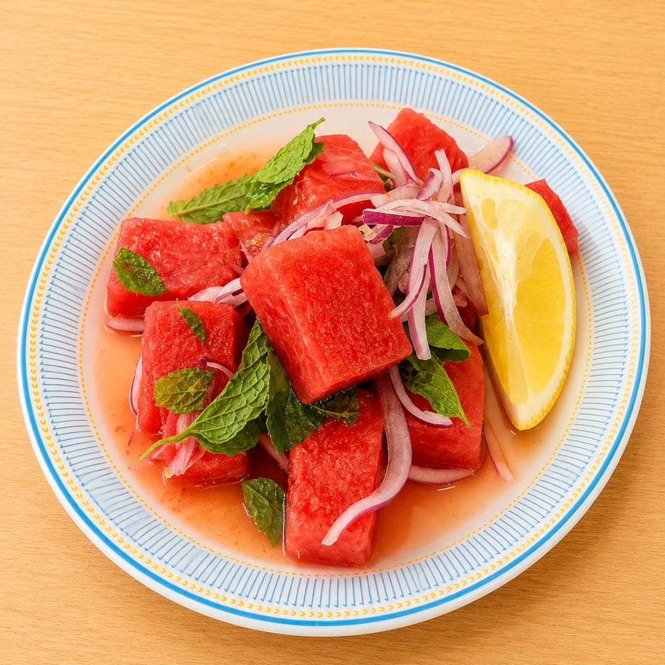 Plate of watermelon chunks garnished with mint and sliced red onion, served with a lemon wedge.