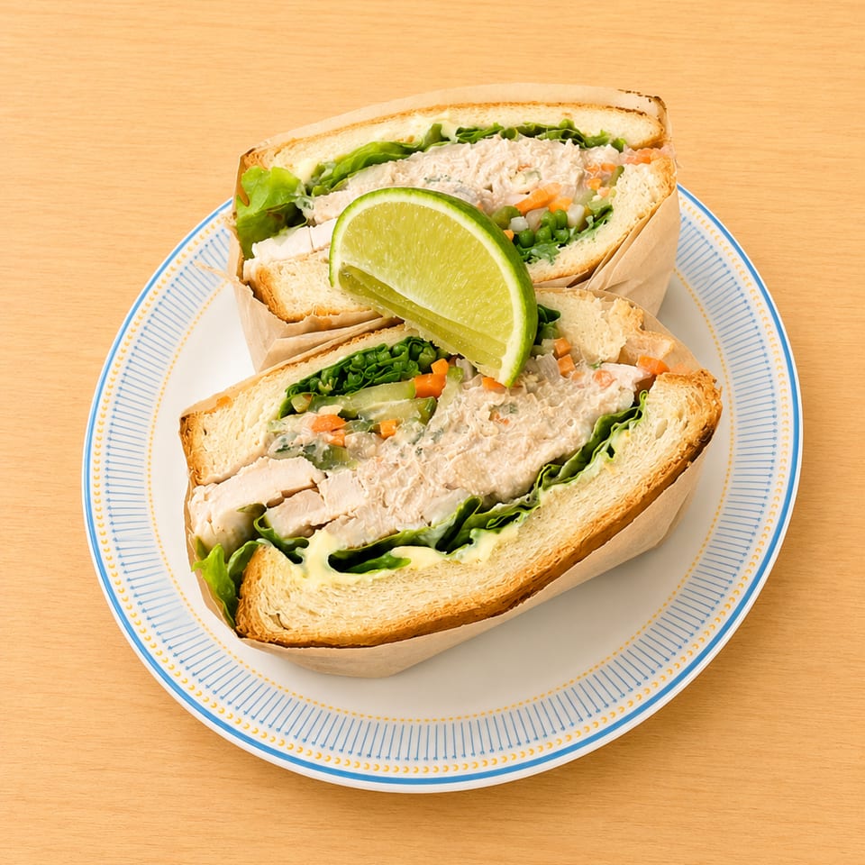 Two halves of a chicken salad sandwich with lettuce, carrots, and a lime wedge on a plate.