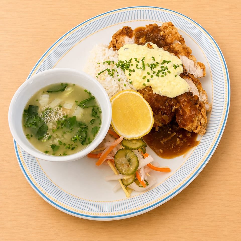 Crispy fried chicken with sauce, rice, soup, lemon, and pickled vegetables on a white plate.