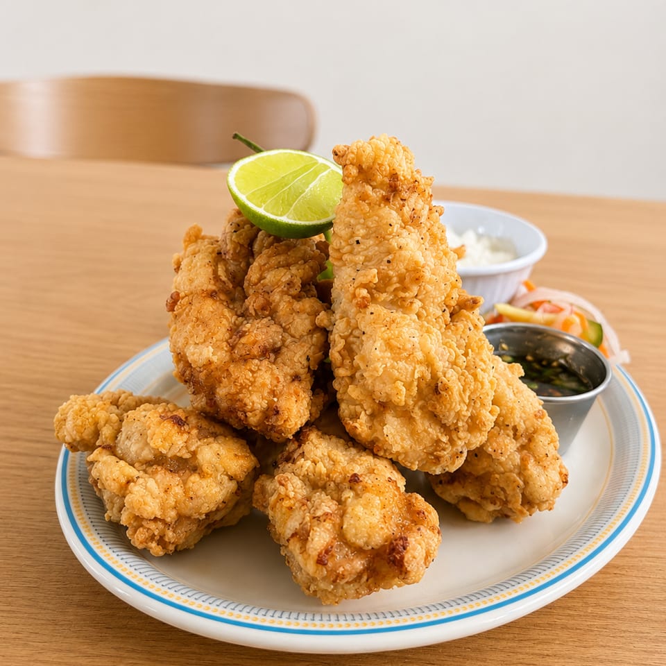 Crispy fried chicken pieces with a lime wedge, dipping sauce, and pickled vegetables on a plate.