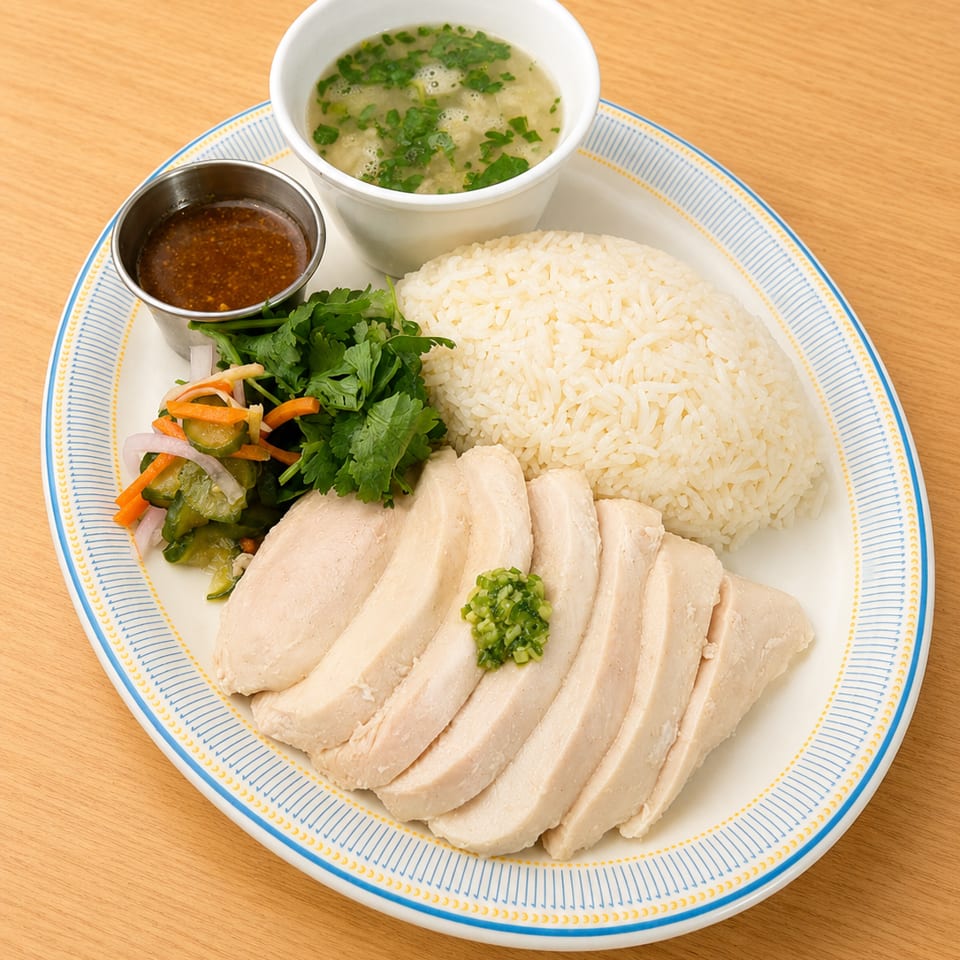 Hainanese chicken rice with sliced chicken, rice, soup, sauce, and pickled vegetables on a plate.