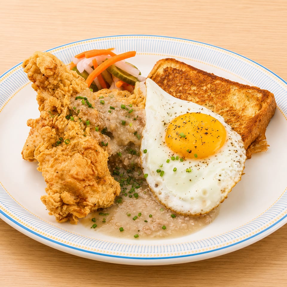 Crispy fried chicken with gravy, a sunny-side-up egg, toast, and pickled vegetables on a plate.