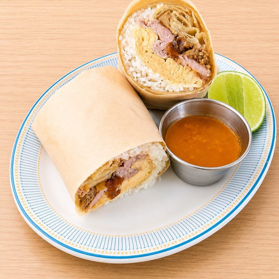 Two halves of a burrito with rice, meat, and egg, served with sauce and lime.