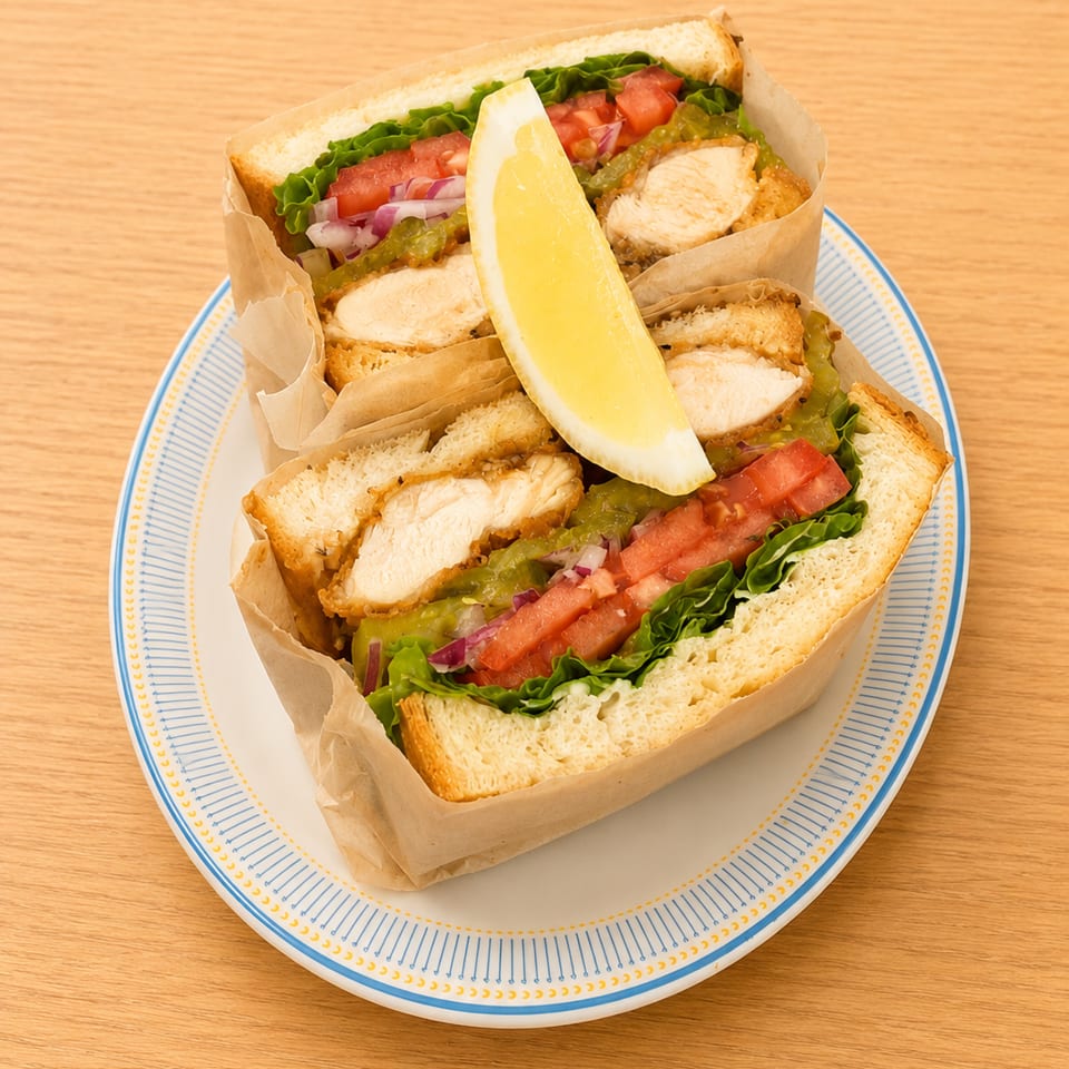 Two chicken sandwiches with lettuce, tomato, onion, and a lemon wedge on a plate.