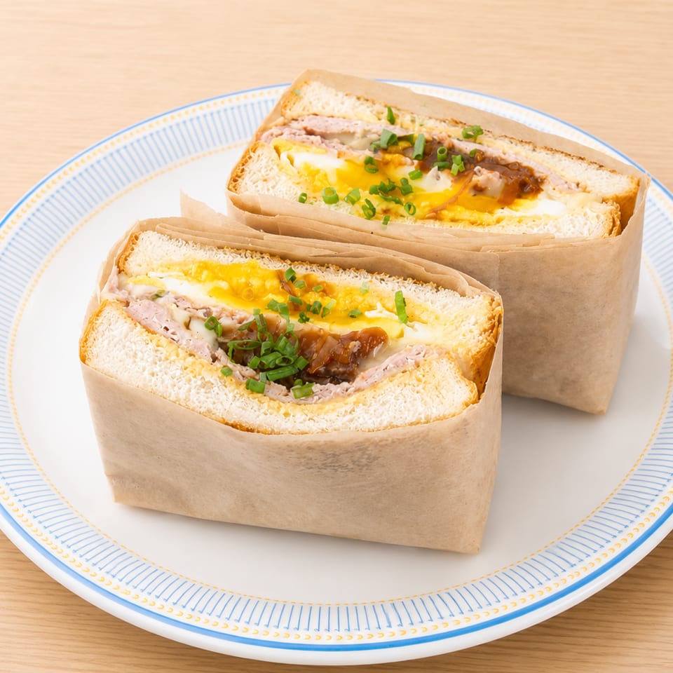 Two sandwiches with egg, meat, and chives, wrapped in paper, on a white plate.